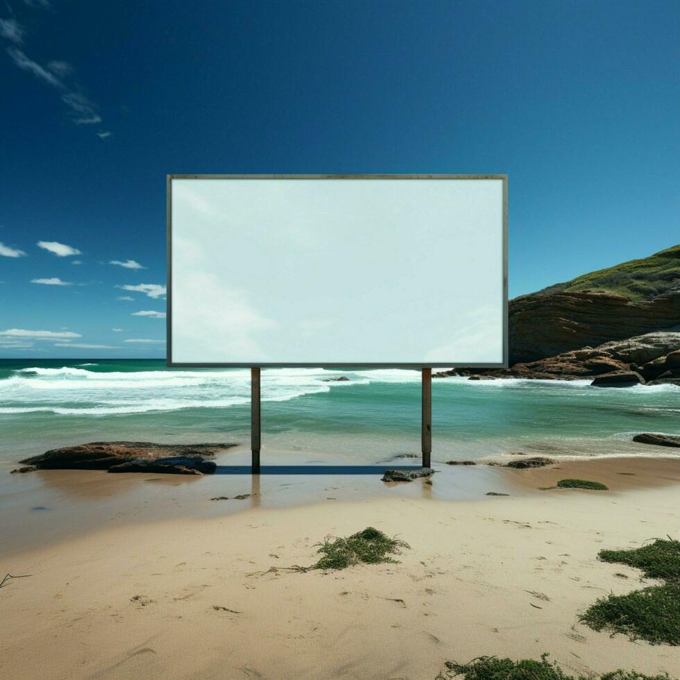 Strand Erklärung ungefüllt Plakatwand kontrastieren mit Meer Weite auf sandig Strand zum Sozial Medien Post Größe ai generiert foto