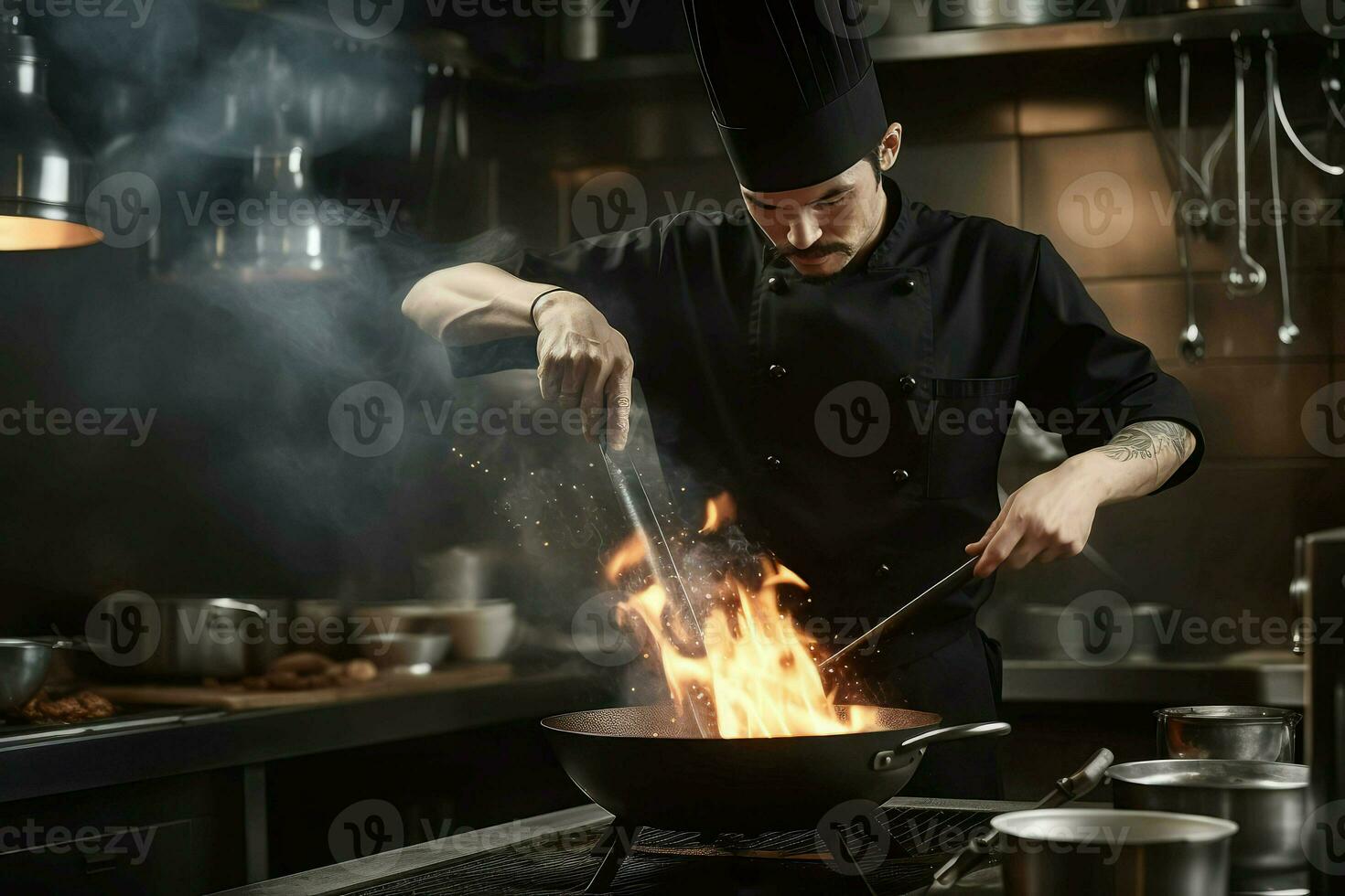 Koch gekleidet schwarz Kochen mit Öl flüssig. generieren ai foto