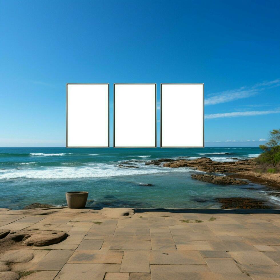 Marine Plakatwand Segeltuch leeren Rahmen einstellen auf Strand mit Ozean Panorama zum Sozial Medien Post Größe ai generiert foto