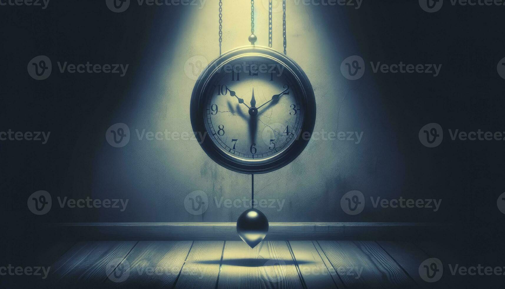 ein Pendel Uhr im ein dim Zimmer, symbolisieren das Stagnation und Gewicht von Depression, mit kontrastieren Schatten betonen das Tiefe von Emotion und Passage von Zeit. ai generiert foto
