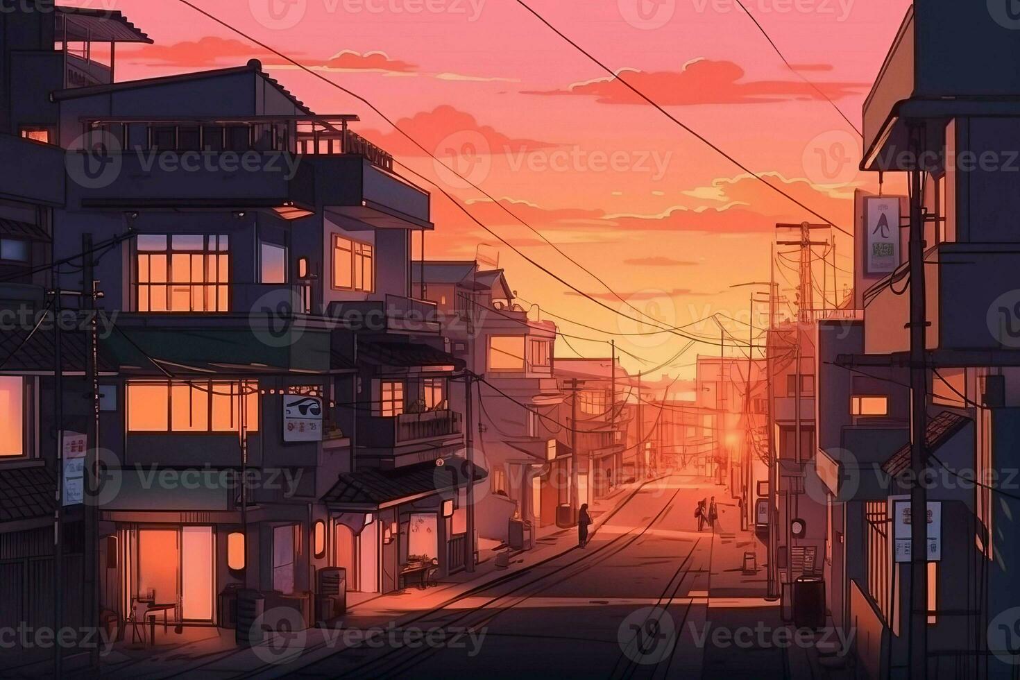 Tokyo Sonnenuntergang Stadt Anime Stil. generieren ai foto