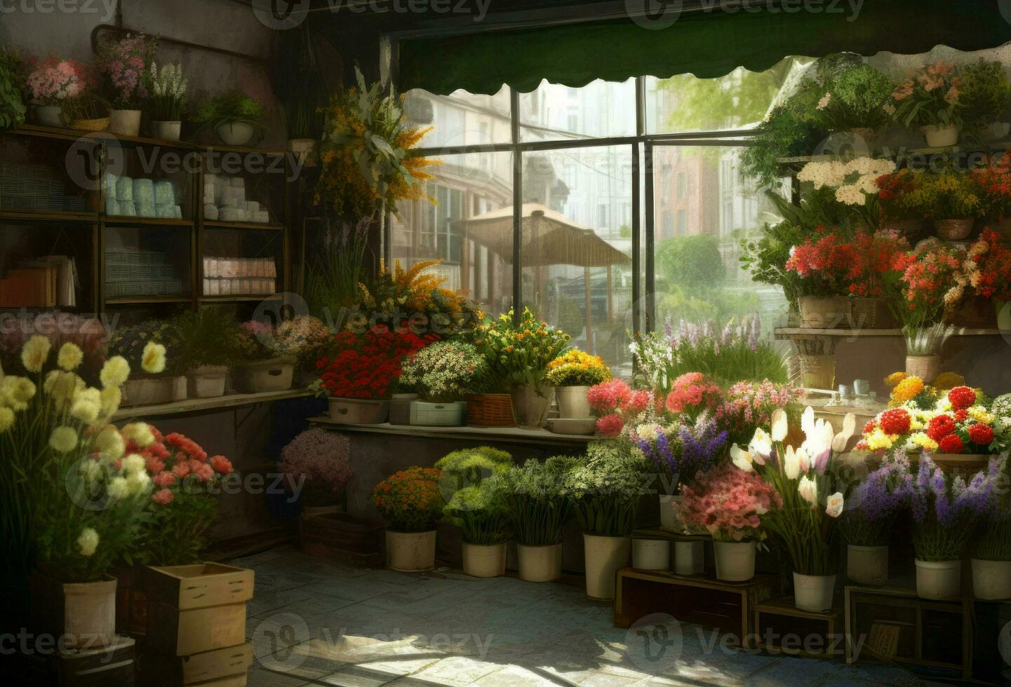 Blume Geschäft Stall Innerhalb beim Stadt Morgen. generieren ai foto
