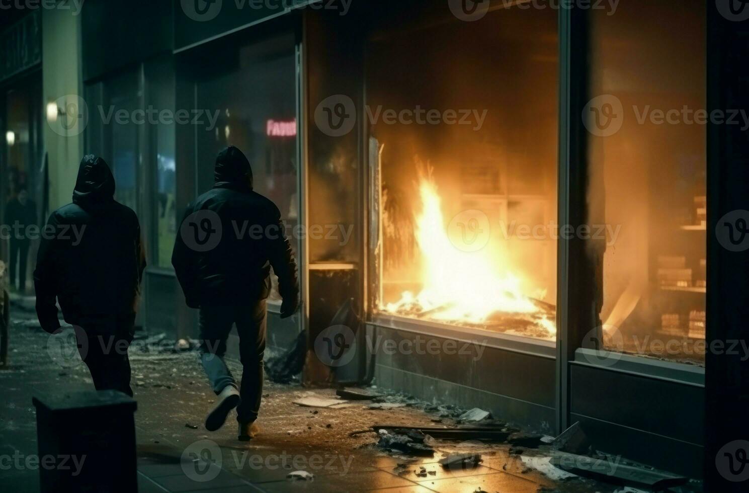 Nacht Stadt randalieren Feuer Rauch. generieren ai foto