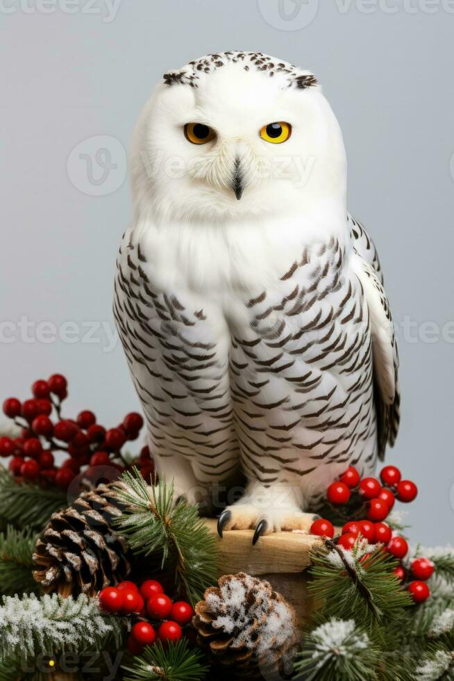 Weihnachten schneebedeckt Eule thront auf Kiefer mit Süßigkeiten Stock isoliert auf ein Weiß Hintergrund foto