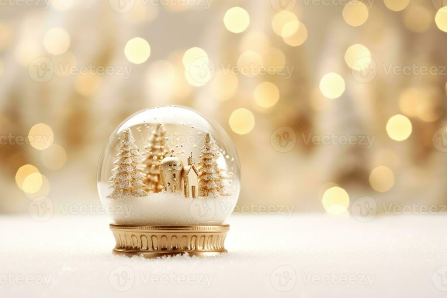 Weihnachten Weiß Dekorationen auf Schnee mit Tanne Baum Geäst und Weihnachten Beleuchtung Winter Dekoration ai generativ foto
