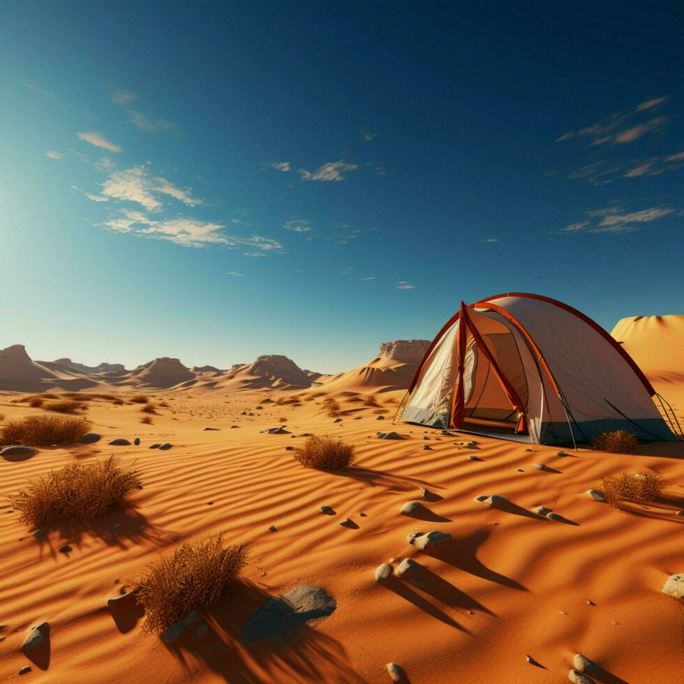 Gelassenheit von das Sand Camping isoliert im Wüsten ruhig Weite, entfernt von Zivilisation zum Sozial Medien Post Größe ai generiert foto
