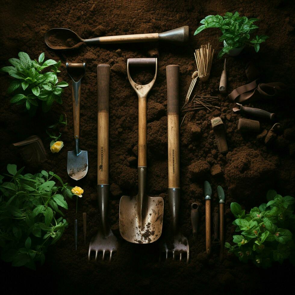 Boden und Werkzeuge von über, Gartenarbeit Geräte auf Reich Boden Hintergrund, porträtieren Pflanzen zum Sozial Medien Post Größe ai generiert foto