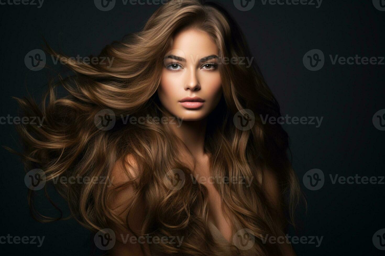 Porträt von schön jung Frau mit lange Haar auf Weiß Studio Hintergrund. Konzept von Kosmetika ai generativ foto