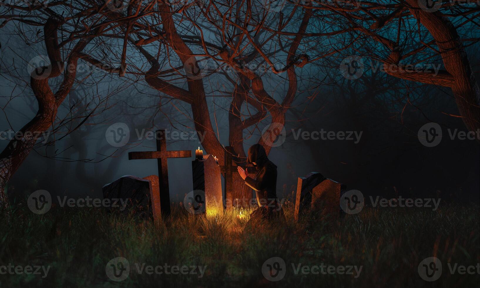 Beten auf einem Friedhof in einem gruseligen Wald foto