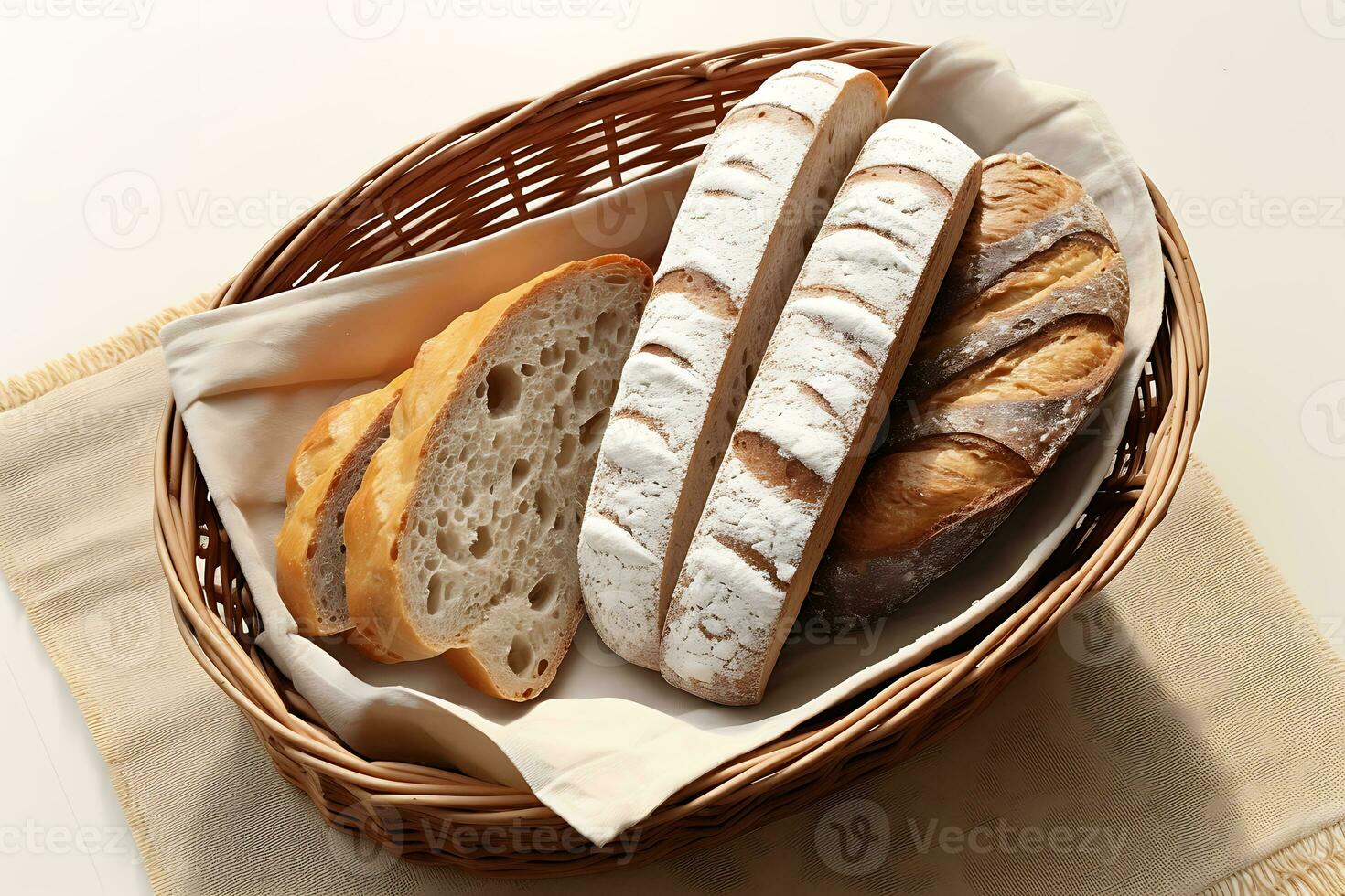 oben Aussicht von ein Korb mit Brot auf das Weiß Tisch, ai generativ foto