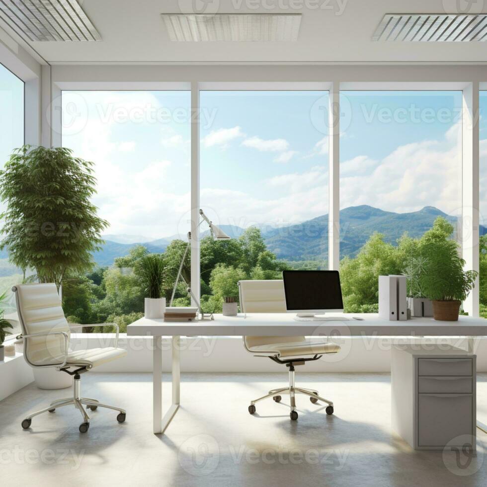 3d gerendert Weiß Büro Tabelle Stuhl und Laptop pc modern Innere ai generativ foto