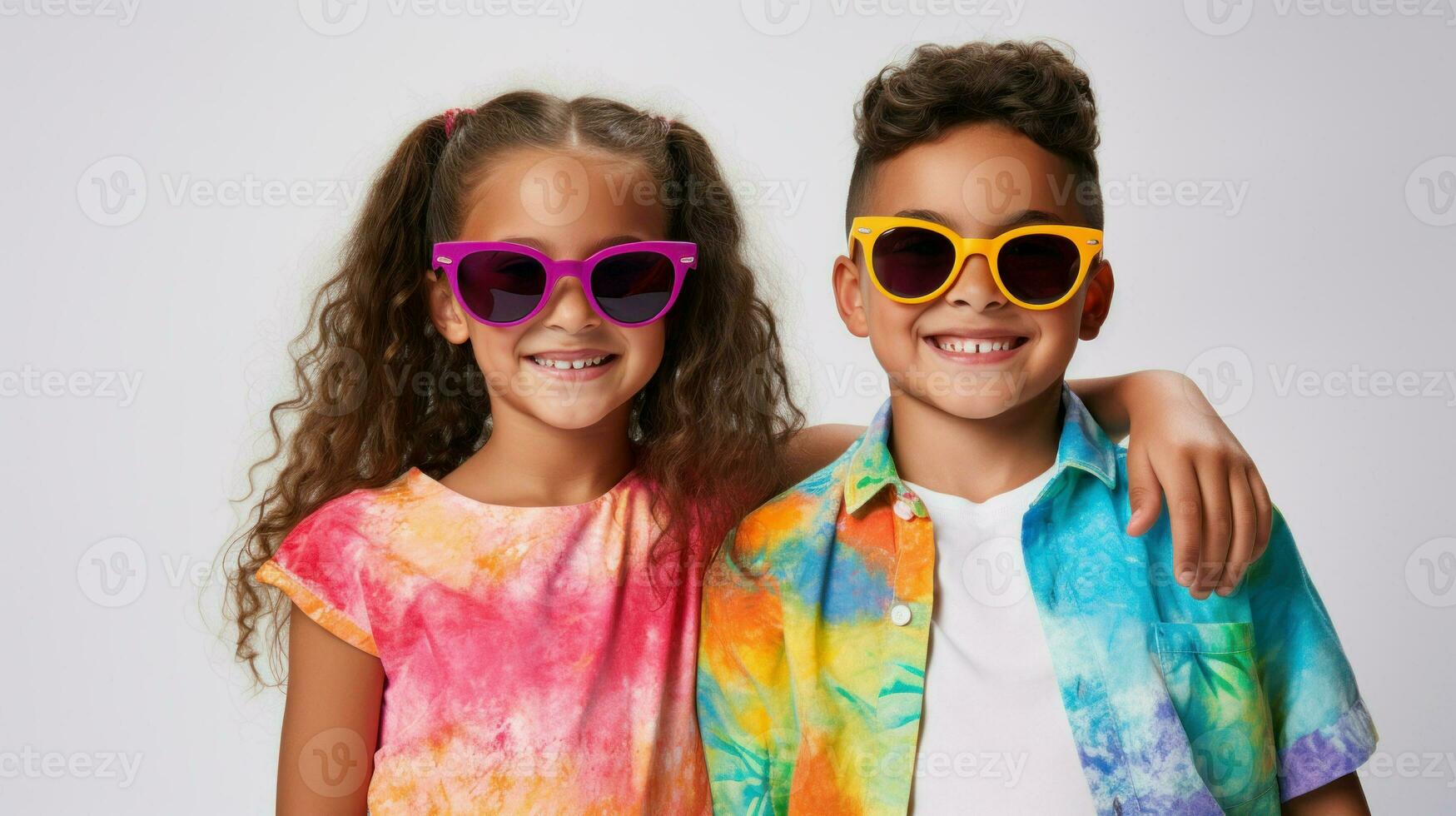 zwei wenig Jungs und Mädchen tragen bunt Brille. generativ ai foto