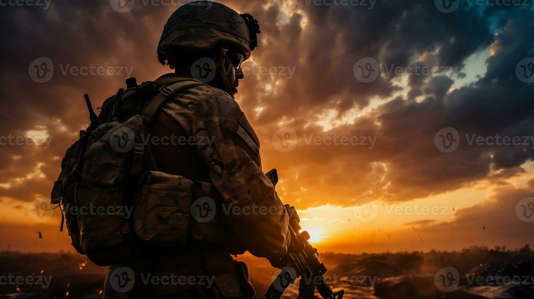 ai generativ. Silhouette von ein Soldat mit ein Gewehr im das Berge beim Sonnenuntergang. foto