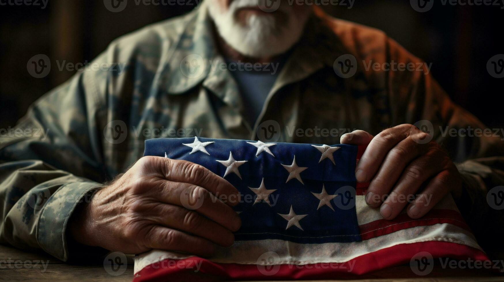 ai generativ. schließen oben von ein Alten Mann halten ein amerikanisch Flagge im seine Hände foto