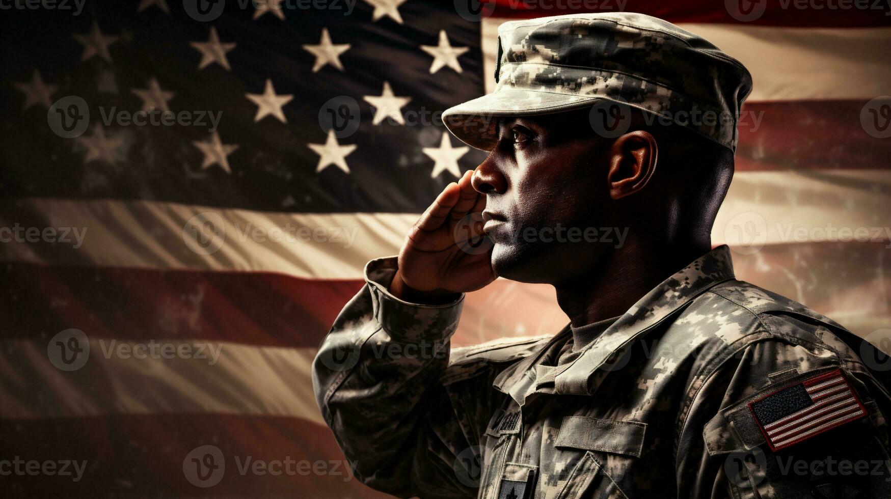 ai generativ. Porträt von Soldat gegen von amerikanisch Flagge foto
