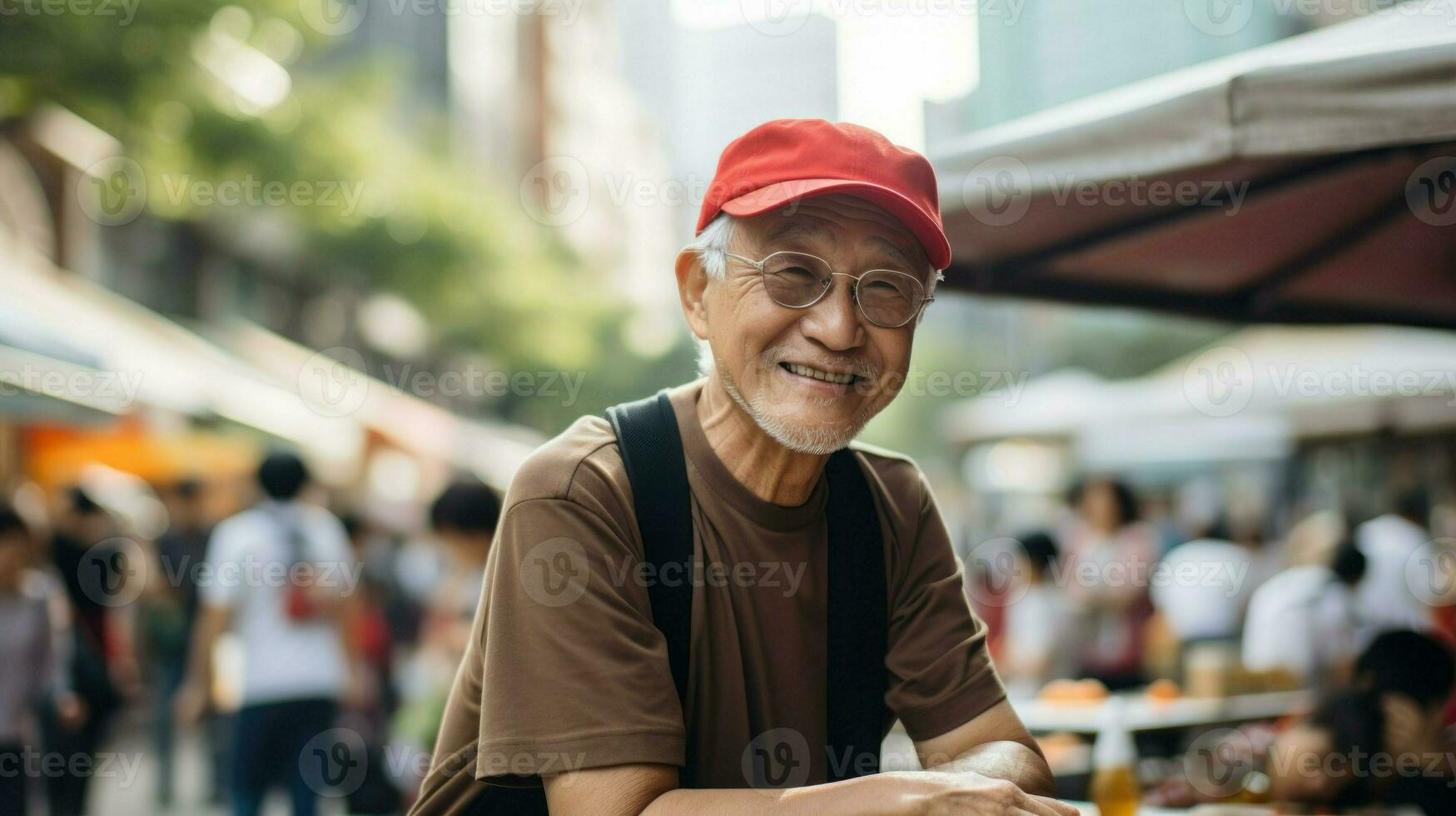 asiatisch alt Mann Besuch ein Straße Markt im das Straßen von Asien. generativ ai foto