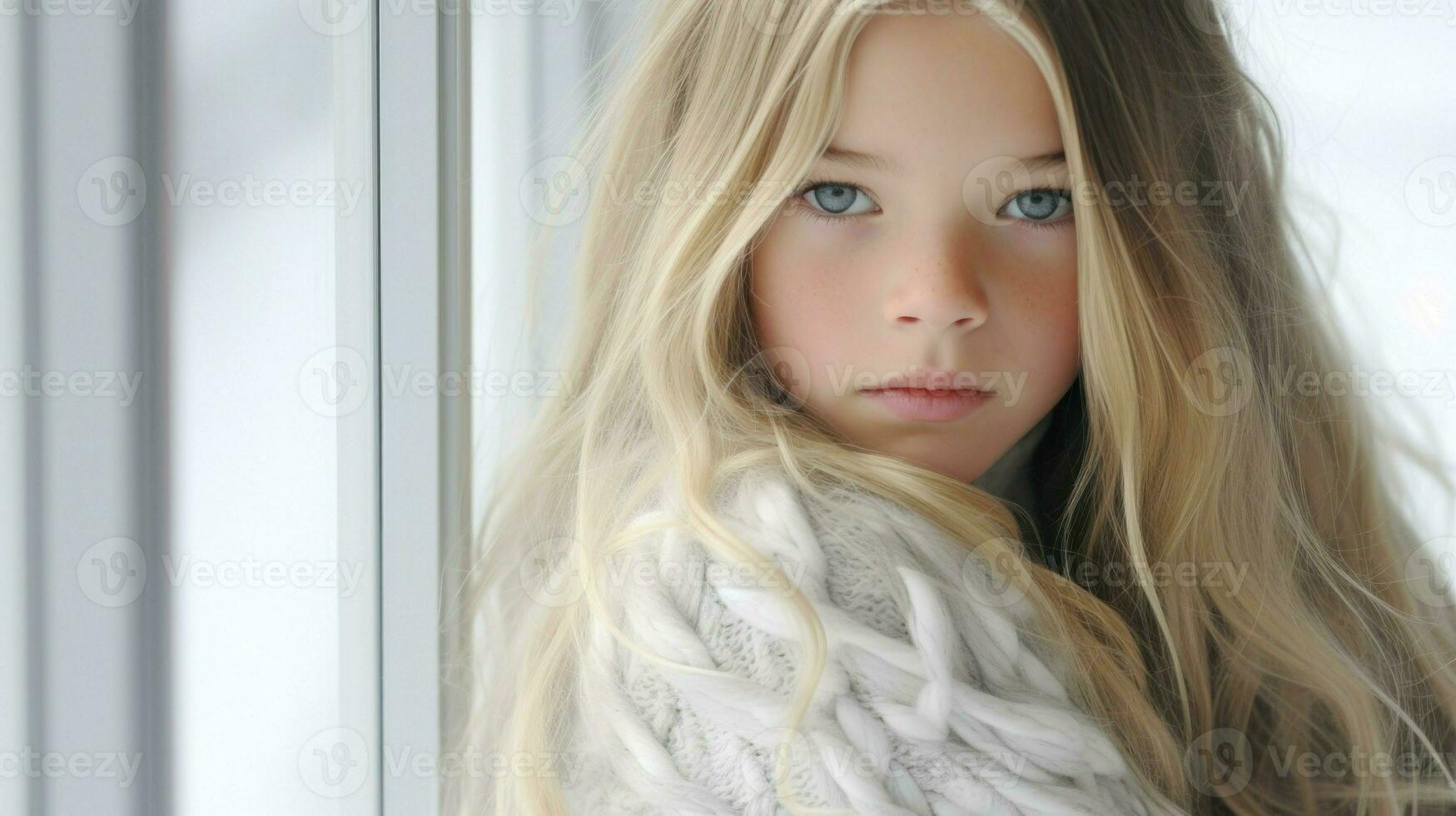 ein jung Mädchen mit lange blond Haar, tragen ein Weiß Outfit, gestellt gegen ein Fenster.. generativ ai foto