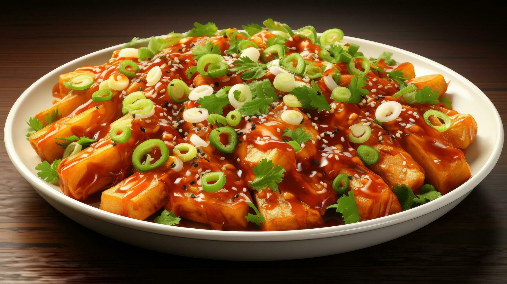 tteokbokki oder Koreanisch würzig Reis Kuchen. Beliebt Straße asiatisch Essen zum Restaurant, Kochbuch und Rezept foto