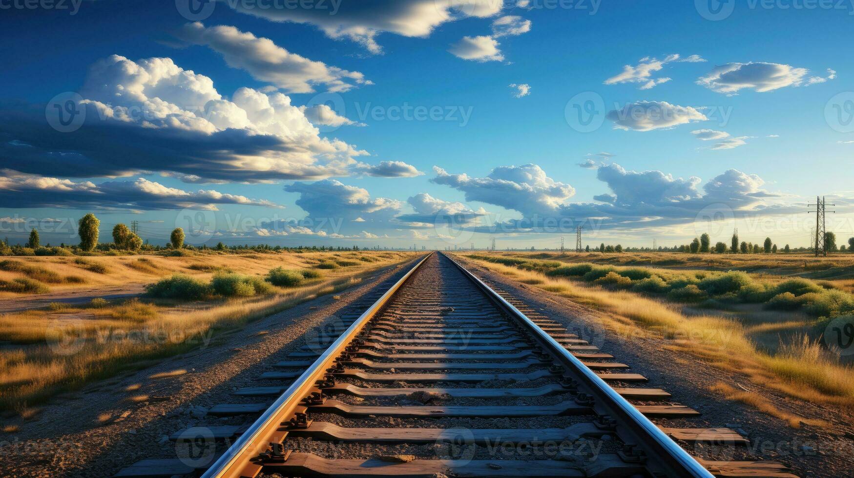 ein Eisenbahn mit Schienen und Schläfer geht in das Entfernung darüber hinaus das Horizont, das Konzept von Eisenbahn Transport und das Transport von Passagiere und Waren foto