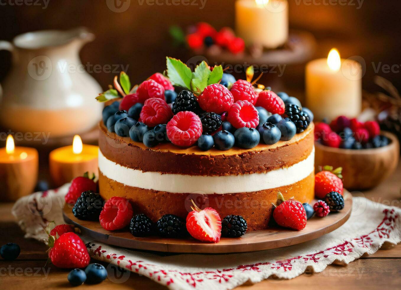 Foto von das Kuchen dekoriert mit Beeren auf das hölzern Tabelle mit Kerzen ai generativ