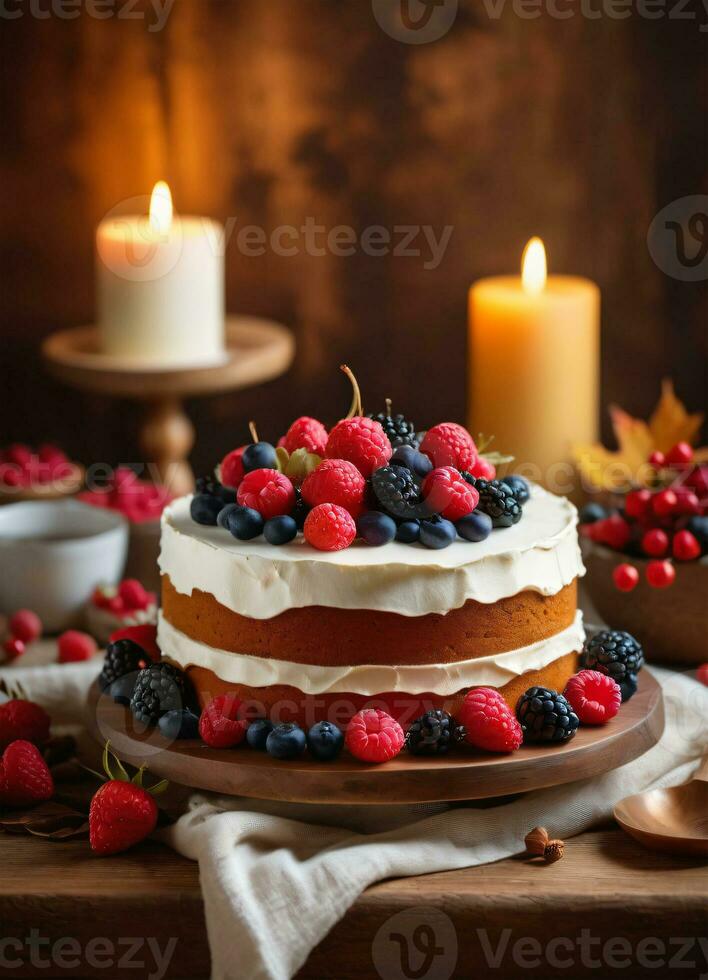 Foto von das Kuchen dekoriert mit Beeren auf das hölzern Tabelle mit Kerzen ai generativ