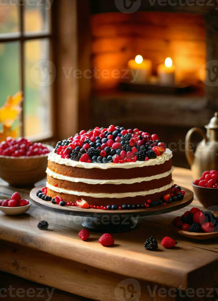 Foto von das Kuchen dekoriert mit Beeren auf das hölzern Tabelle mit Kerzen ai generativ