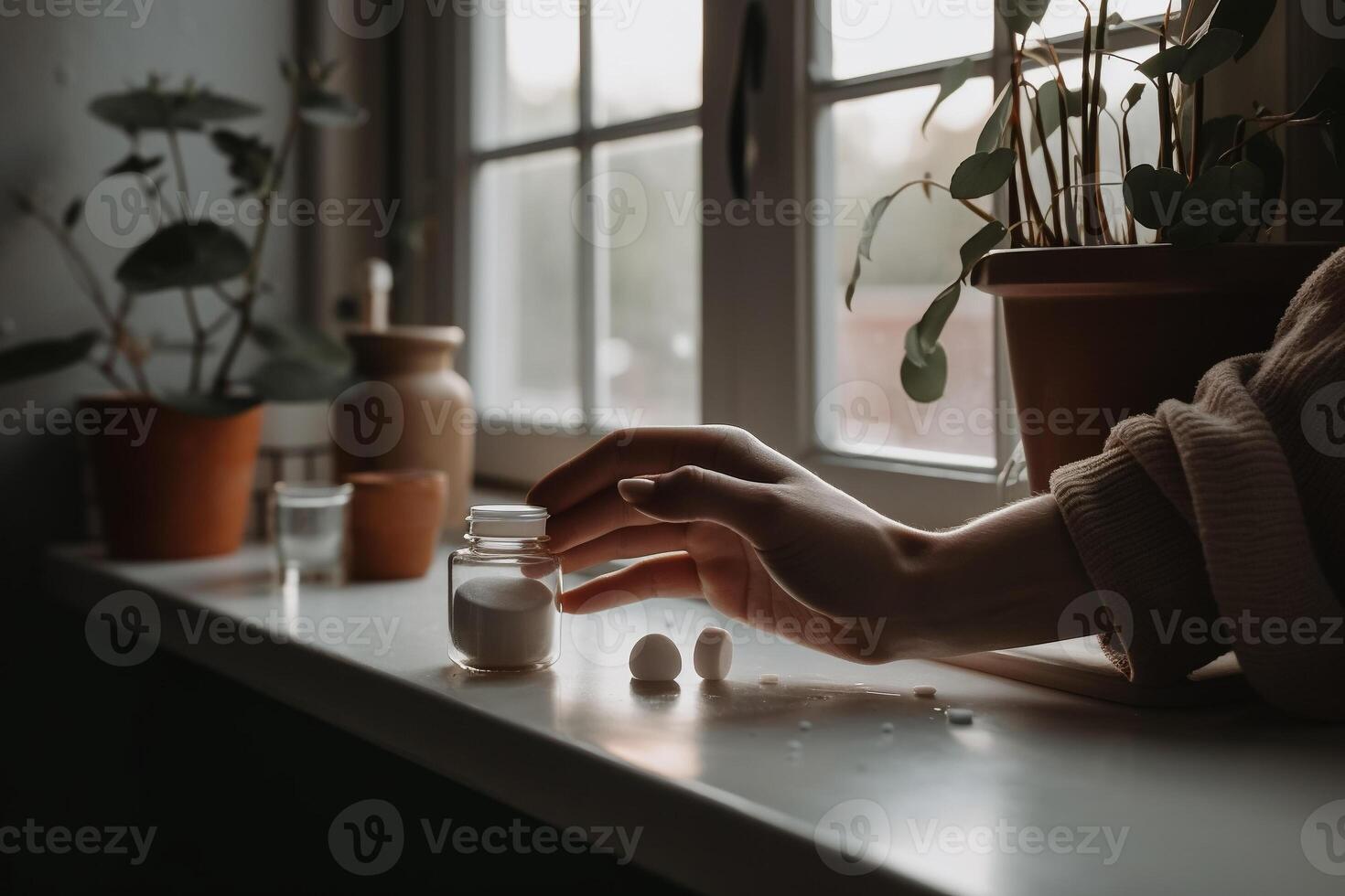 ein Frau sitzt auf ein Fensterbrett, ihr Hand ist halten ein Weiß Ball von Weiß Pulver. foto