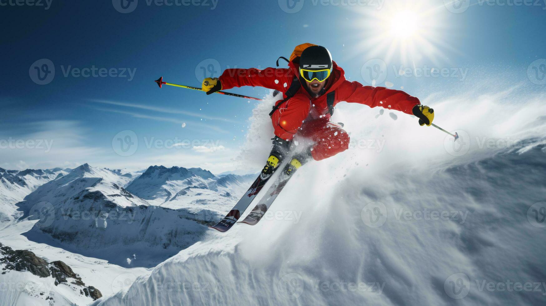 ai generativ Winter extrem Sport cool Schuss von Ski im Bewegung foto