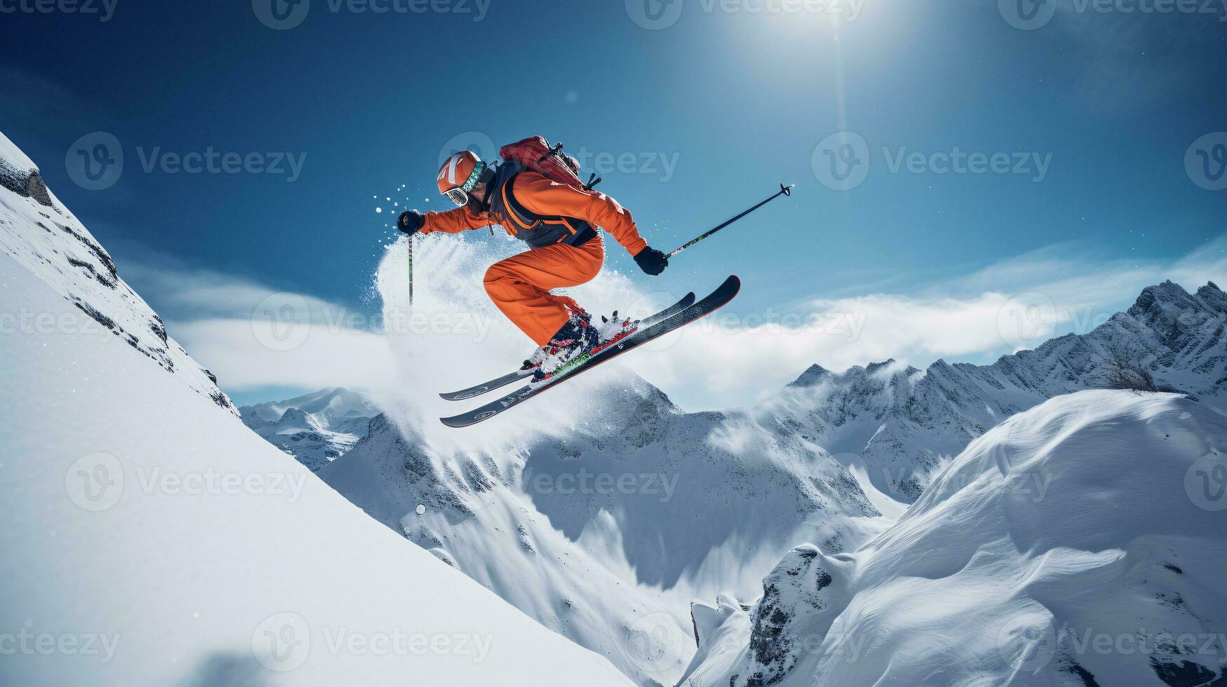 ai generativ Winter extrem Sport cool Schuss von Ski im Bewegung foto