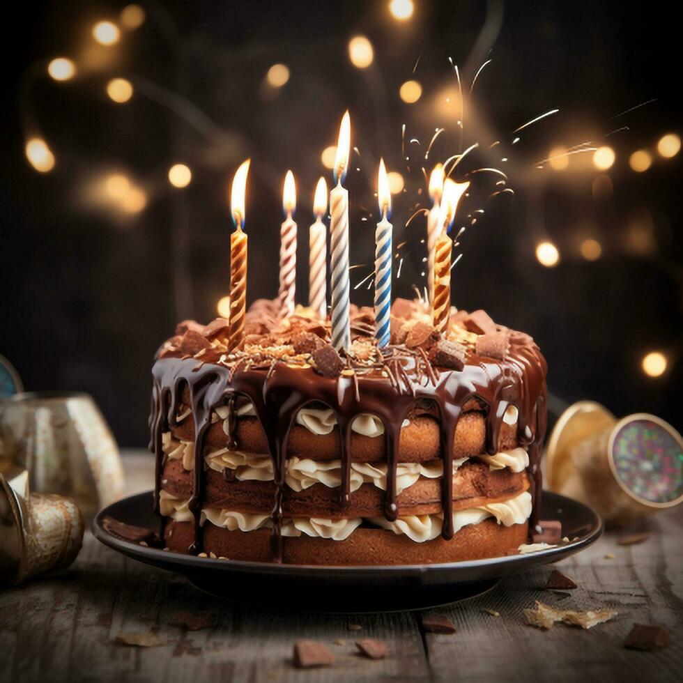 Geburtstag Schokolade Kuchen mit Kerzen auf ein hölzern Hintergrund ai generiert foto