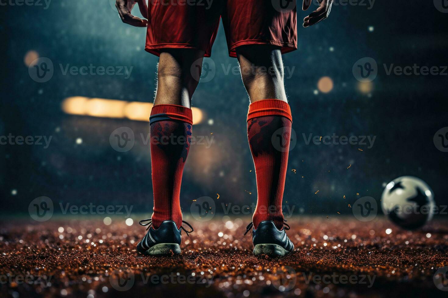 Beine von ein Fußball Spieler im das Stadion Nächster zu das Schwert. atmosphärisch Bokeh im das Hintergrund. Welt Tasse Konzept. generiert durch künstlich Intelligenz foto