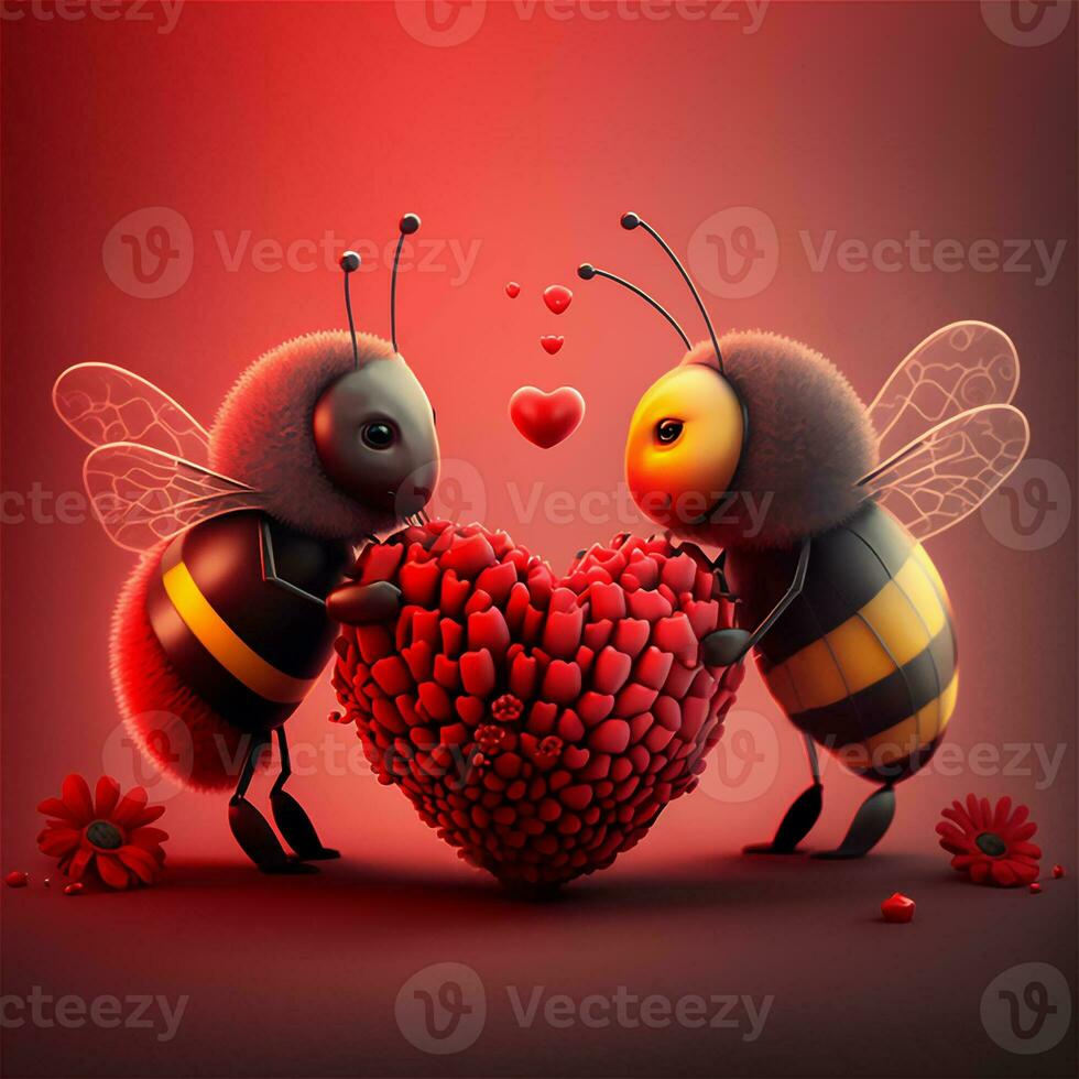 zwei Bienen im Liebe auf ein rot Hintergrund halt ein rot Herz. das Konzept von Liebe. Valentinstag Tag generativ ai. foto