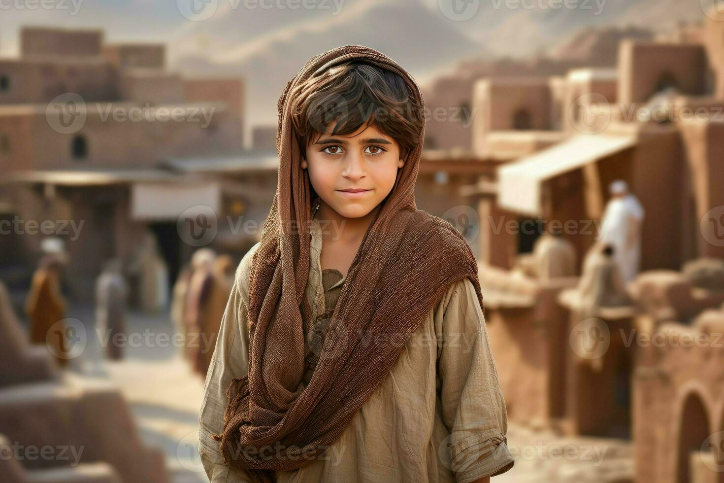 aufmerksam alt arabisch Dorf Kind Junge. generieren ai foto