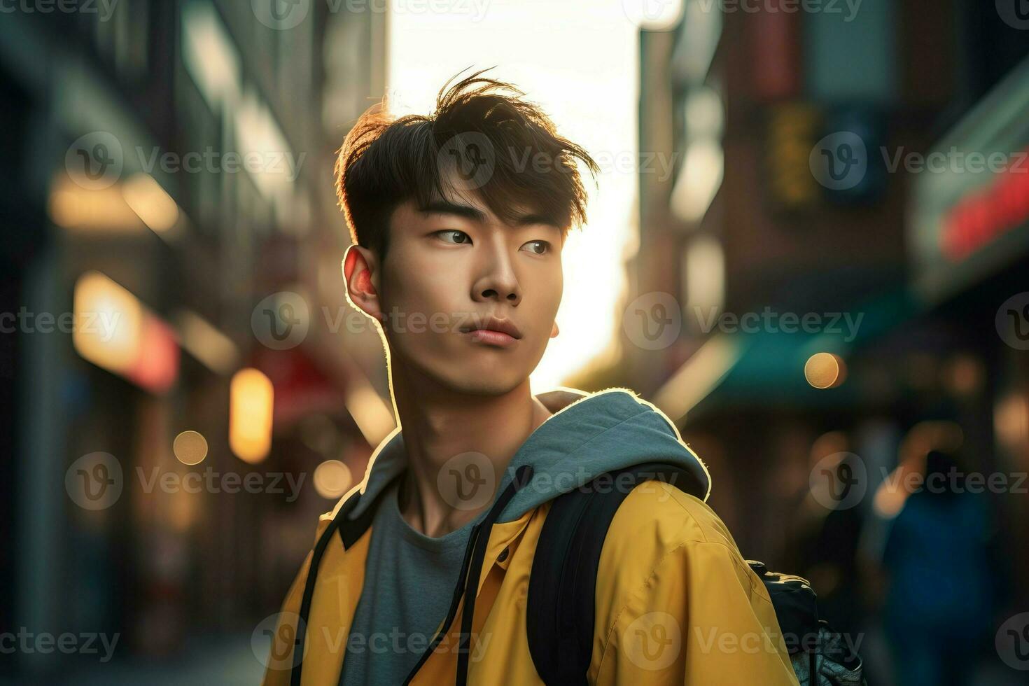 Koreanisch männlich Modell- auf Straße. generieren ai foto
