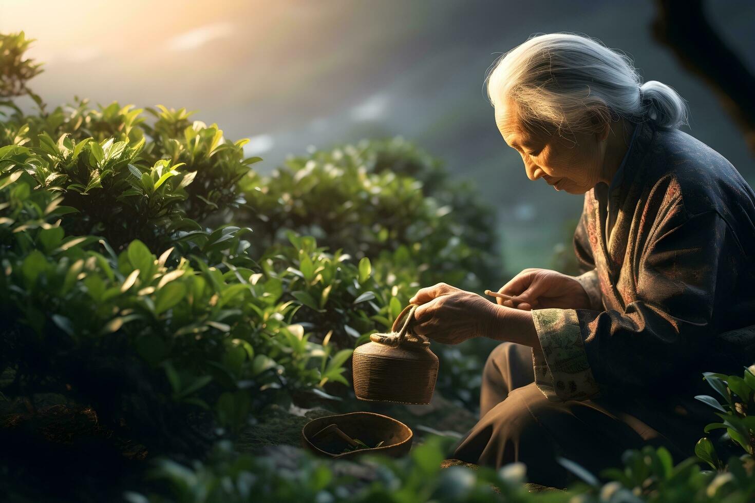 ein Alten Frau im ein Hut pflücken Tee Blätter. ai generativ foto