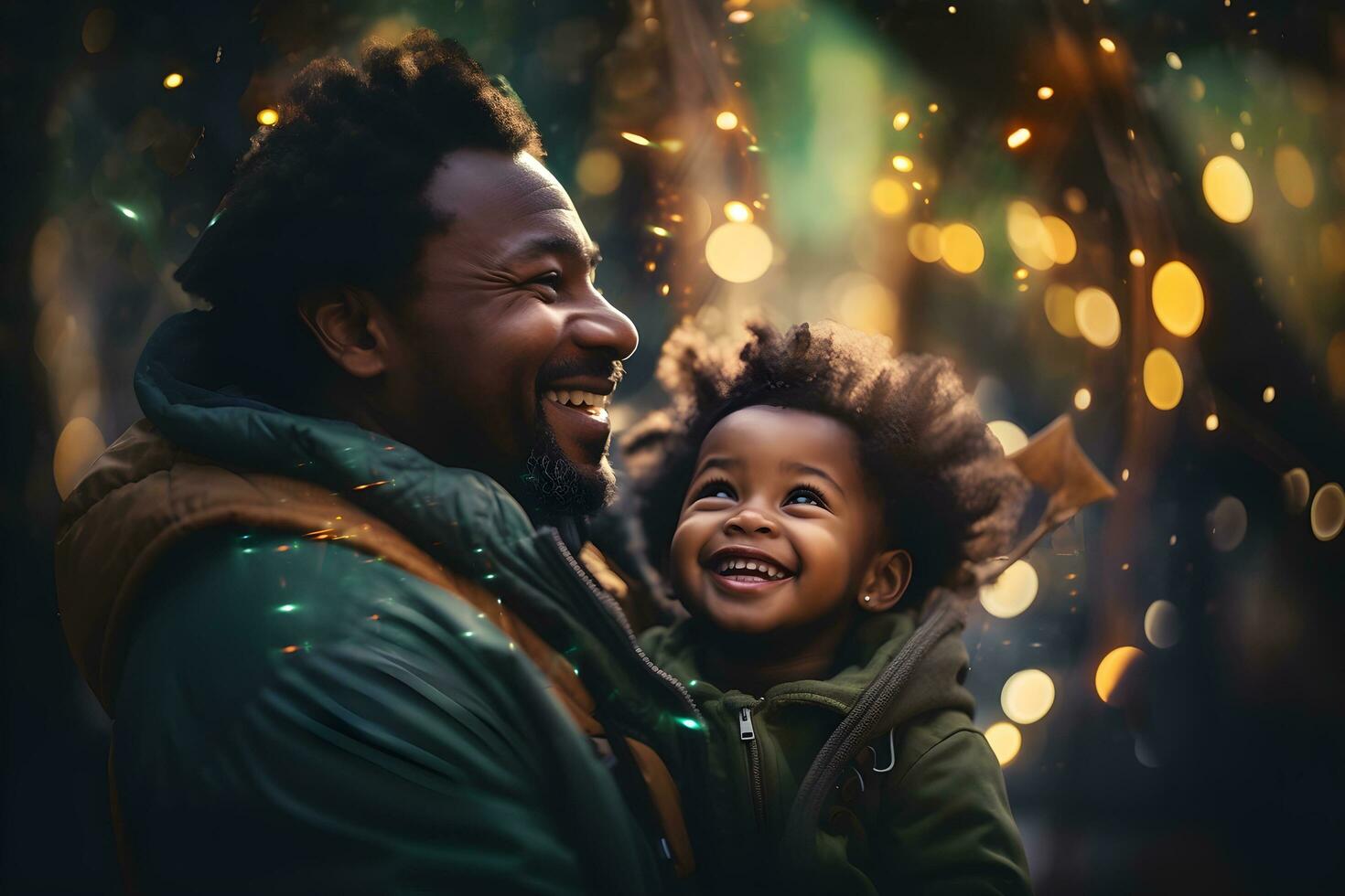 ein Mann und ein Kind sind lächelnd im Vorderseite von ein Kamera. ai generativ foto