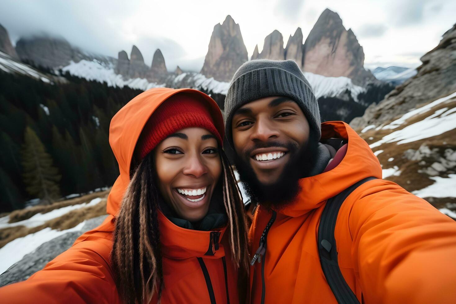 Paar nehmen Selfie im das Berge. ai generativ foto