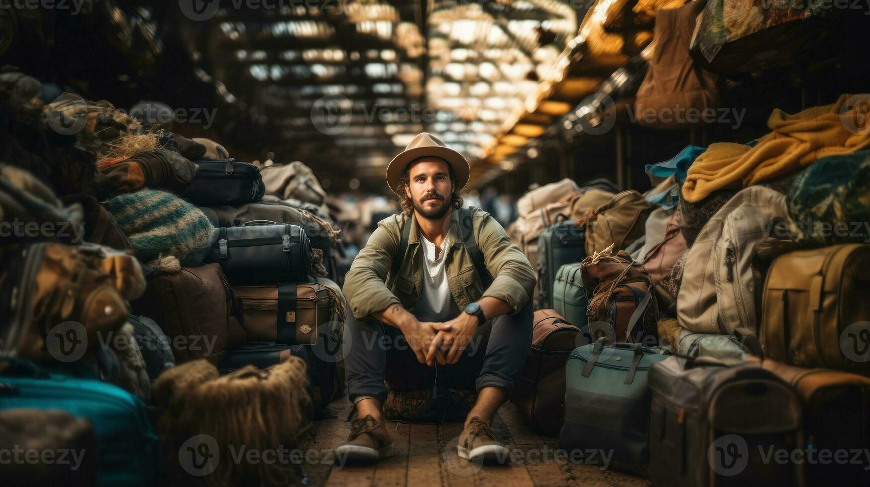 Porträt von ein gut aussehend Reisender jung Mann im Hut Sitzung in der Nähe von ein Stapel von Gepäck Taschen. Reise Stimmung. foto