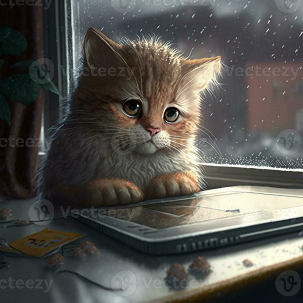 ein klein traurig Kätzchen in der Nähe von ein gebrochen Tablette sitzt durch das Fenster im Winter. es ist schneit außen. . generativ ai generativ ai foto