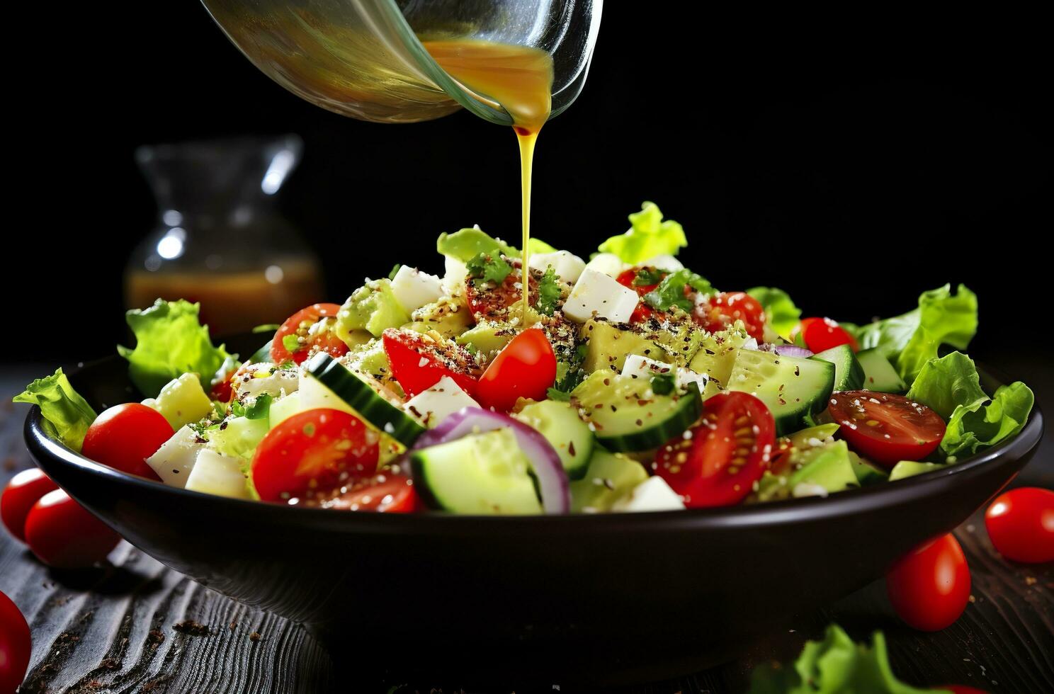 Gesundheit Leistungen von gesund Salat, im das Stil von präzise Detaillierung, glatt und glänzend. ai generiert foto