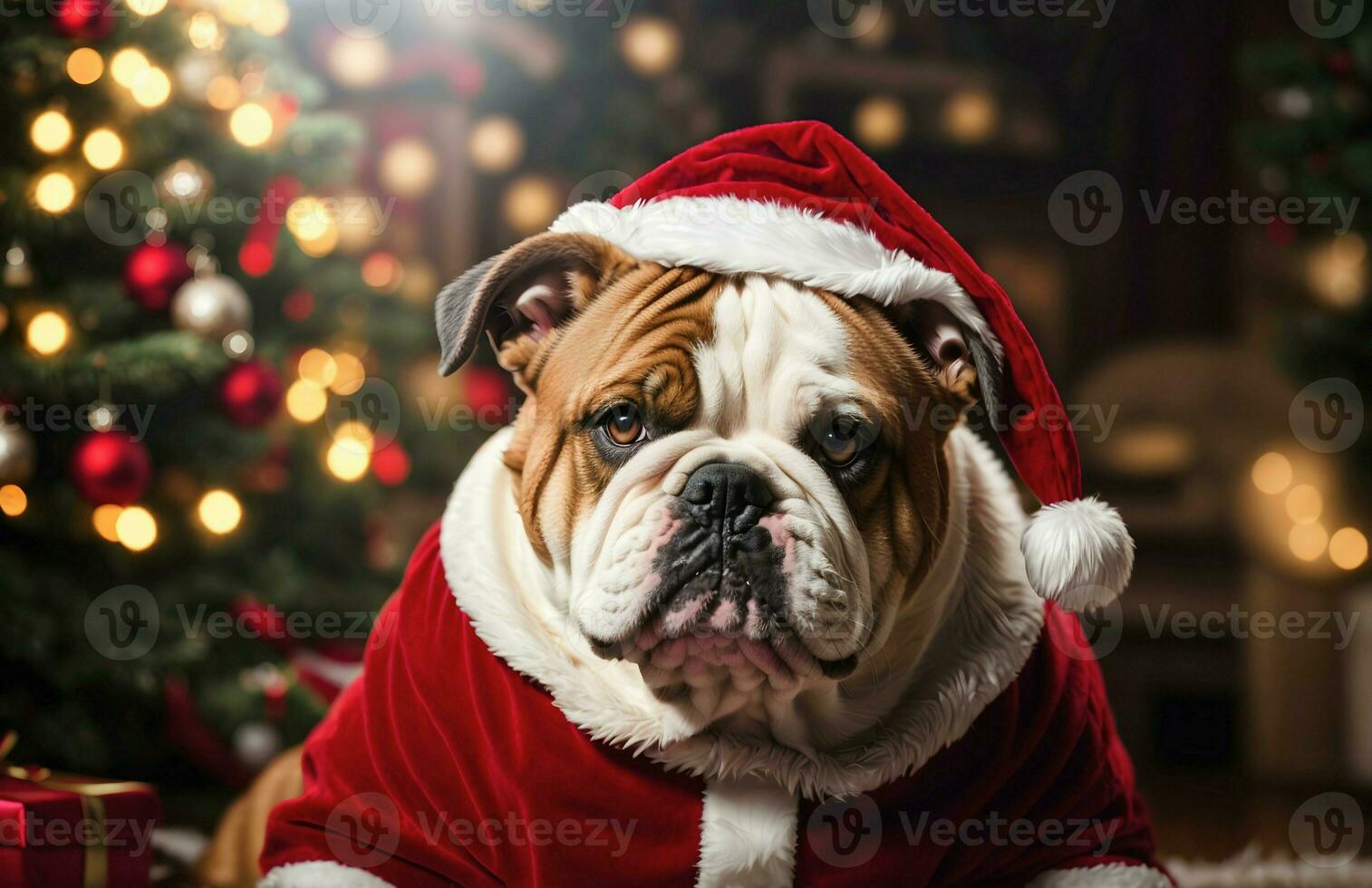 ai generativ Porträt von bezaubernd Englisch Bulldogge gekleidet im Santa claus Kleidung Stil, festlich Hintergrund, Banner mit Kopieren Raum Text foto