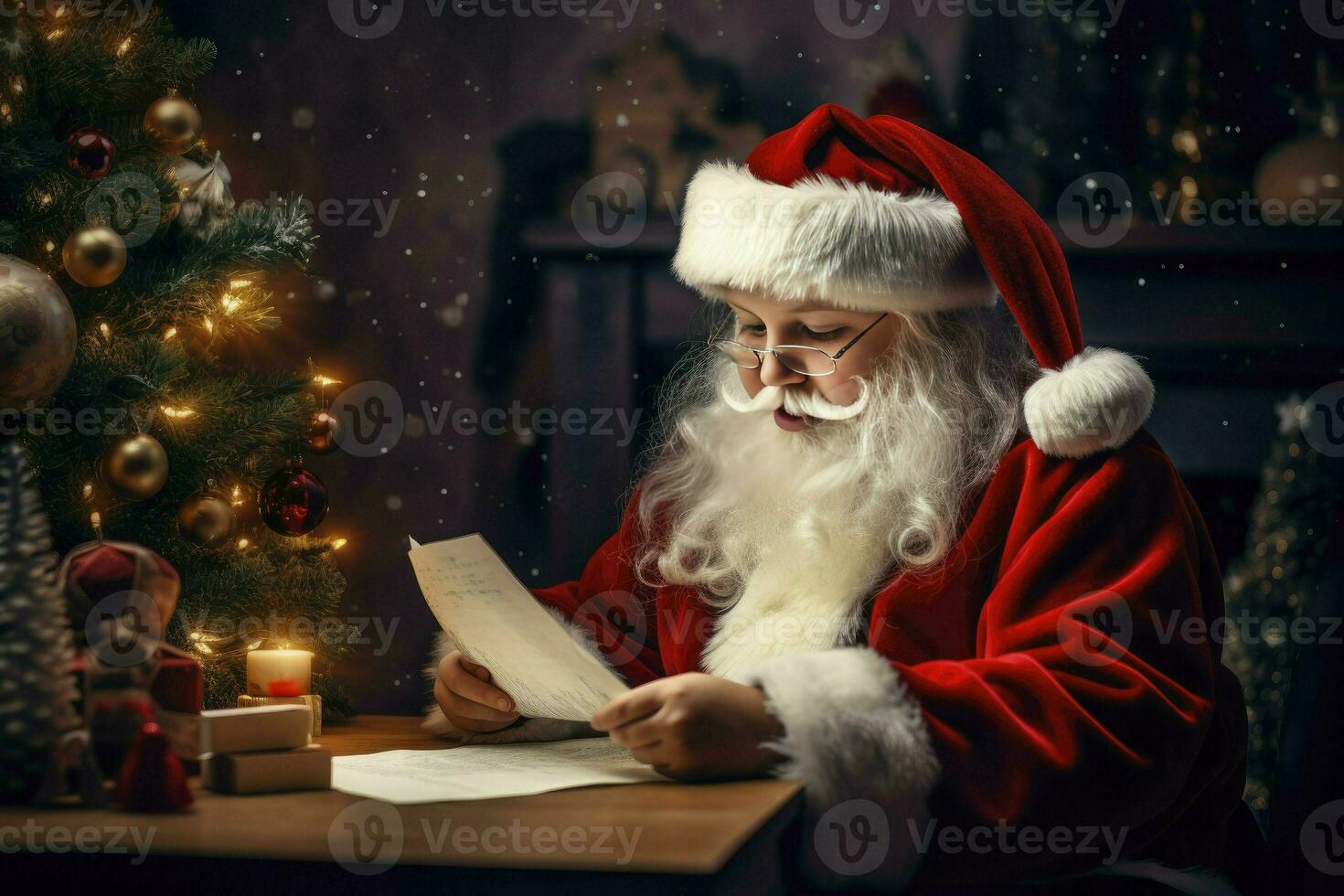 europäisch Santa Klausel lesen Brief von Kind, Wunsch aufführen von die Geschenke zum Weihnachten im dekoriert Zimmer, ai generiert foto