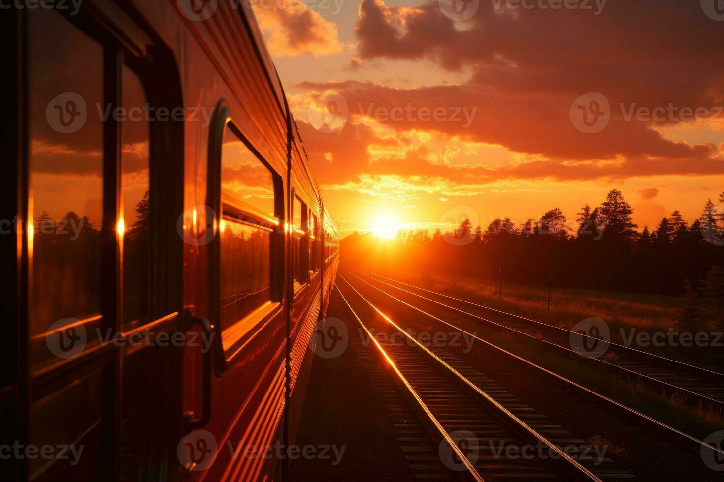 Aussicht von das Zug Fenster Orange Sonnenuntergang generativ ai foto