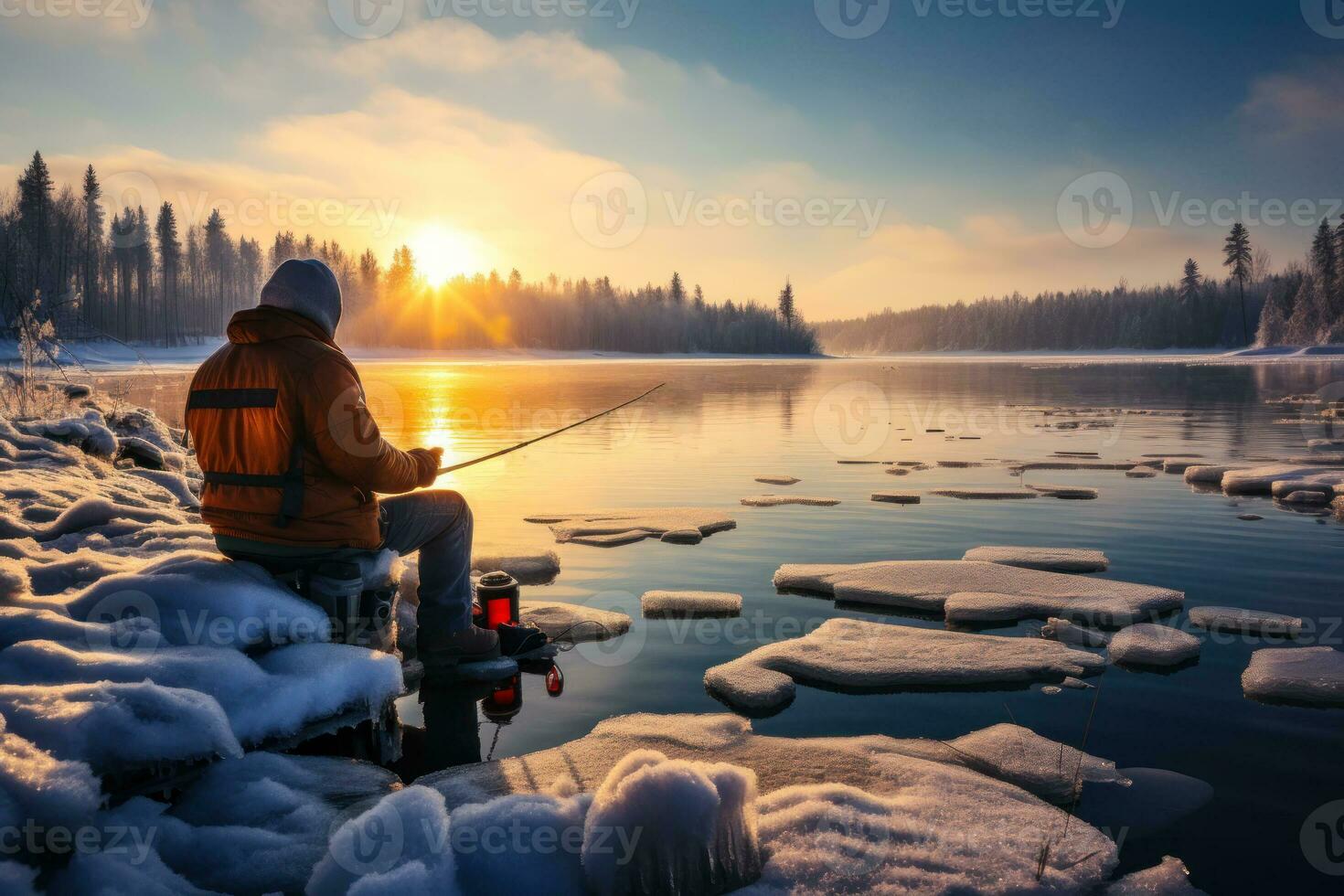 Fischer auf das Bank von ein Winter Fluss generativ ai foto