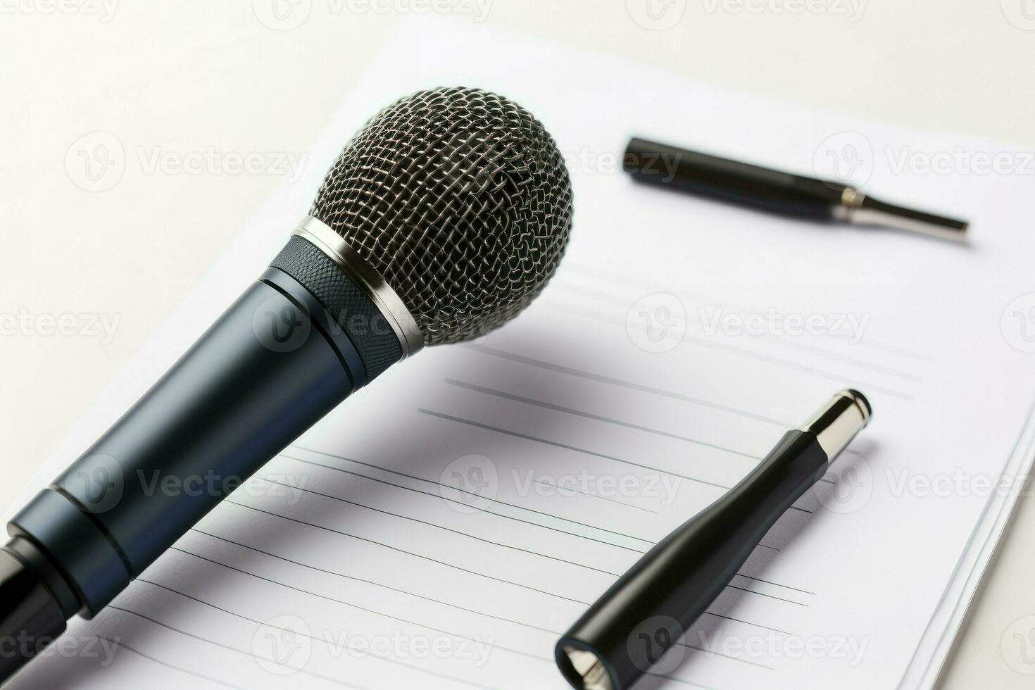 Mikrofon und Zwischenablage auf Weiß Hintergrund Tisch. generieren ai foto
