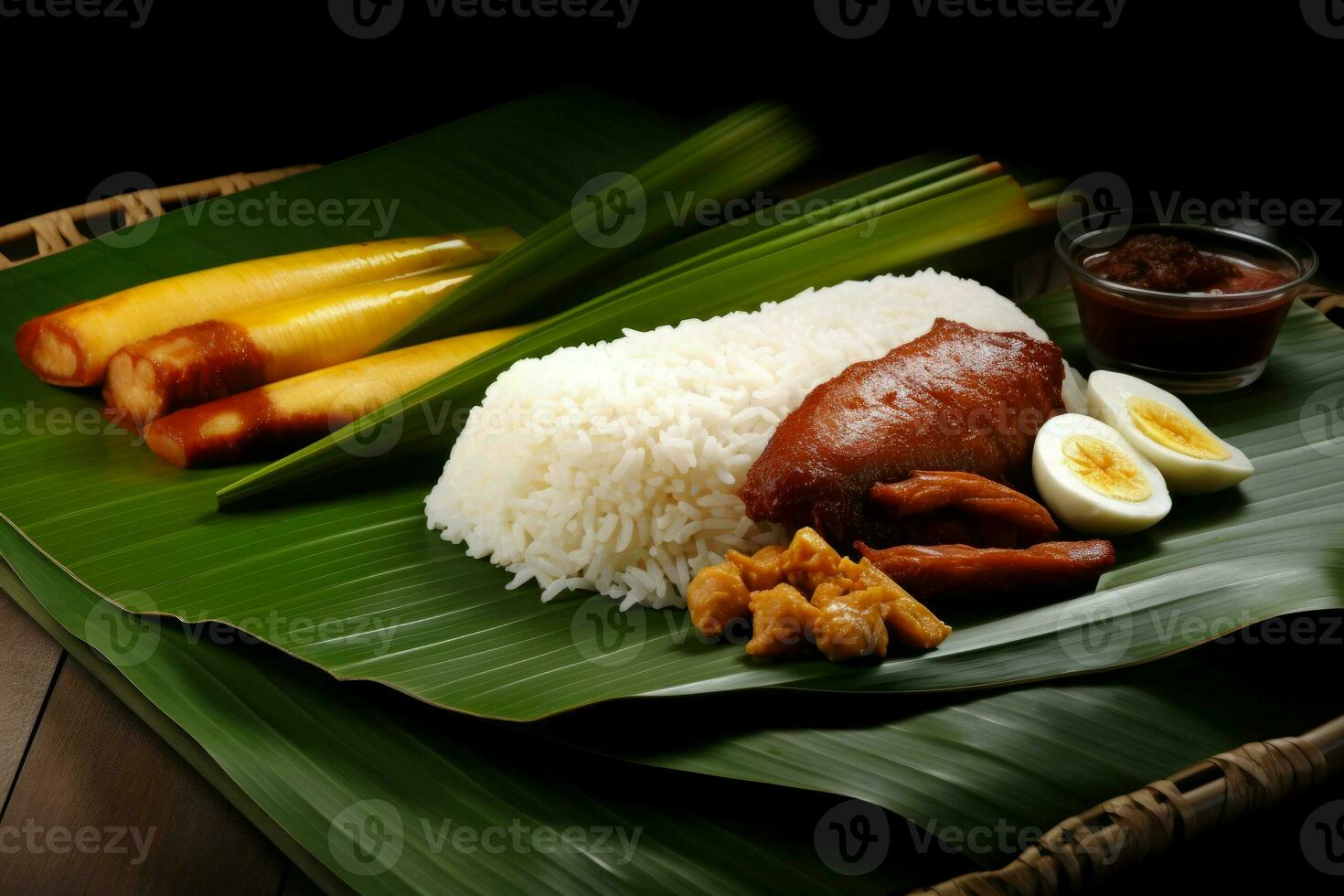 nasi Lemak Banane Blatt auf hölzern Tisch. generieren ai foto