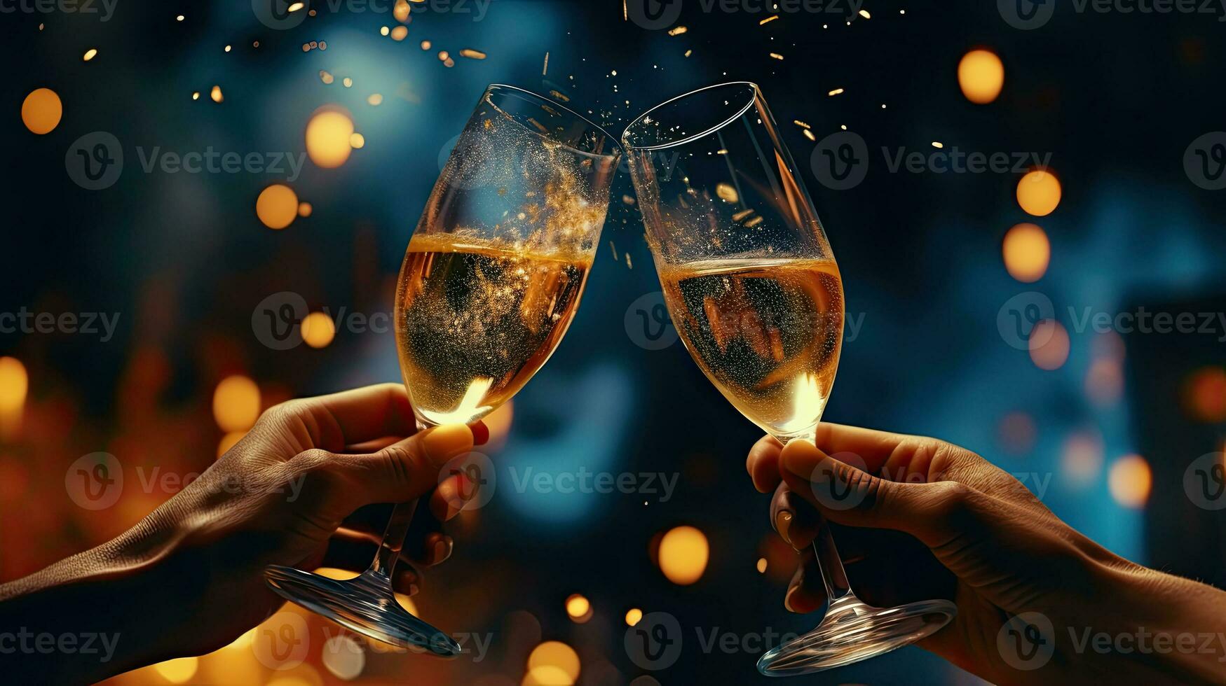 Nahansicht zwei Menschen feiern Weihnachten mit Brille von Champagner während ein schön Feuerwerk Anzeige. foto
