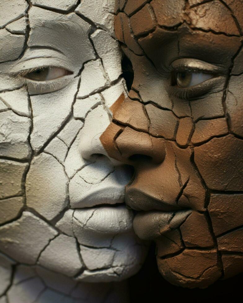 zwei Frauen abgebildet mit geknackt Gesichter und Haut.. generativ ai foto