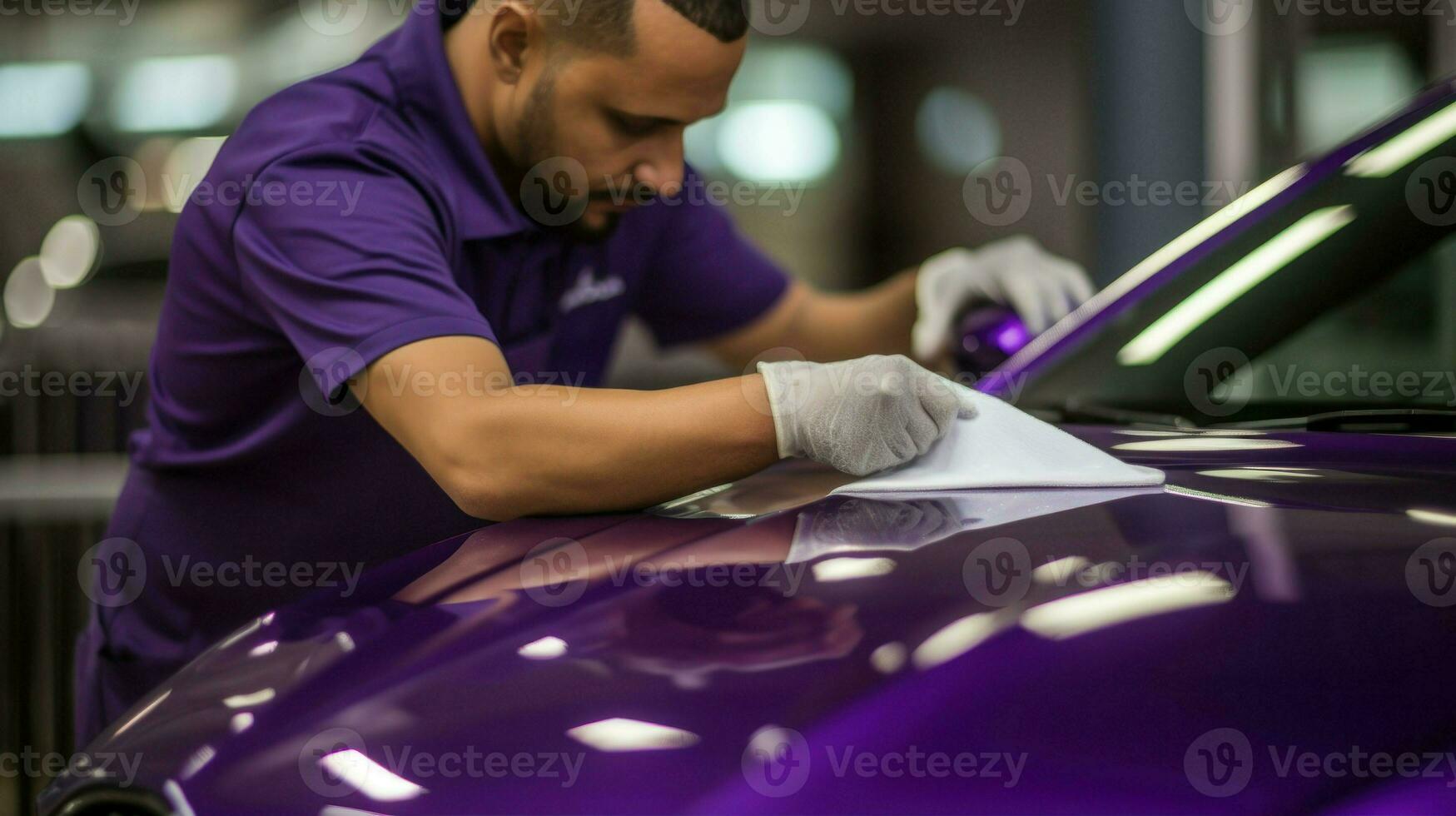 konzentriert Mann im ein lila Shirt, Polieren ein Auto.. generativ ai foto