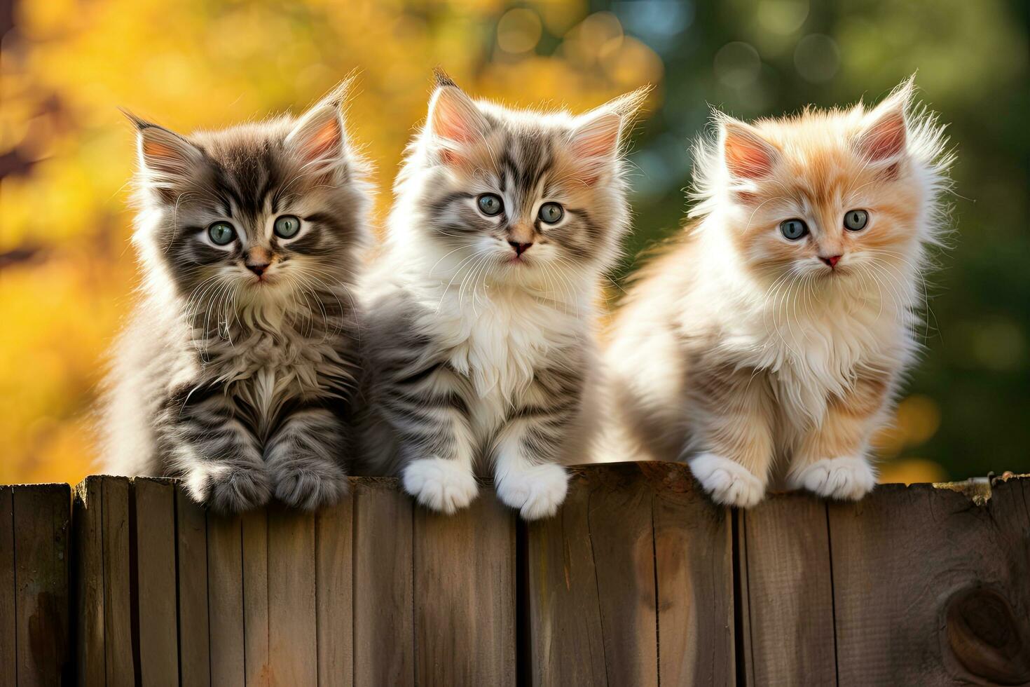 drei wenig Kätzchen Sitzung auf ein hölzern Zaun im das Herbst Park, drei Kätzchen von sibirisch Rasse Sitzung auf ein hölzern Zaun, ai generiert foto